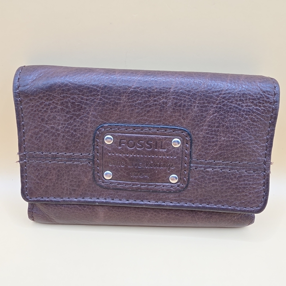 Fossil Long Live Vintage 1954 Trifold Wallet Women's Leather Dark Brown - Picture 2 of 9